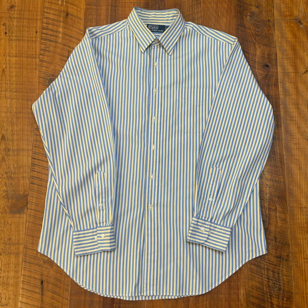Polo by Ralph Lauren 90s Style Blue & Yellow Dress Shirt, Neck Size 17